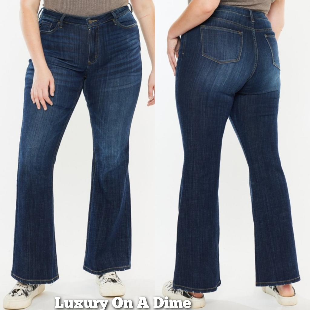 Kancan Mid-Rise Waist Slim Jeans Wide Flare Hem Retro Classic Dark Denim Pants